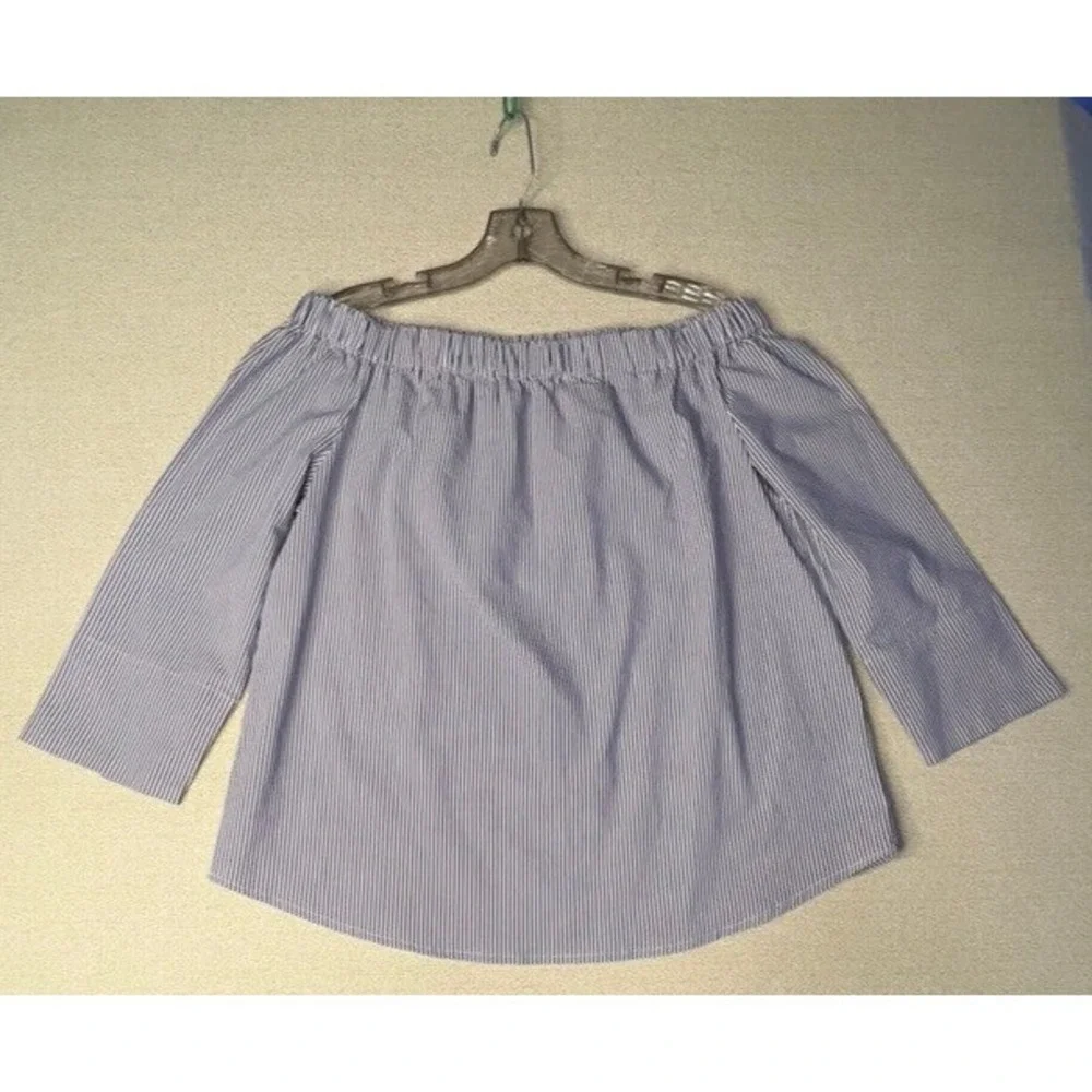 Zac‎ & Rachel Blouse Women Small Off Shoulder White Navy seersucker 3/4 Sleeve